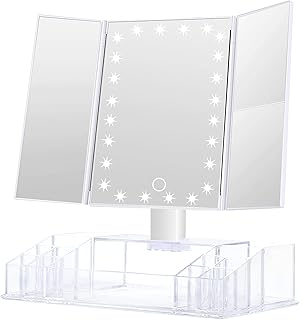 Makeup Mirror with Lights and Storage - 3x/2x Magnification, Tri-Fold Cosmetic Vanity Mirror with 24 Led Light, Touch Screen, 180 Degree Adjustable Rotation