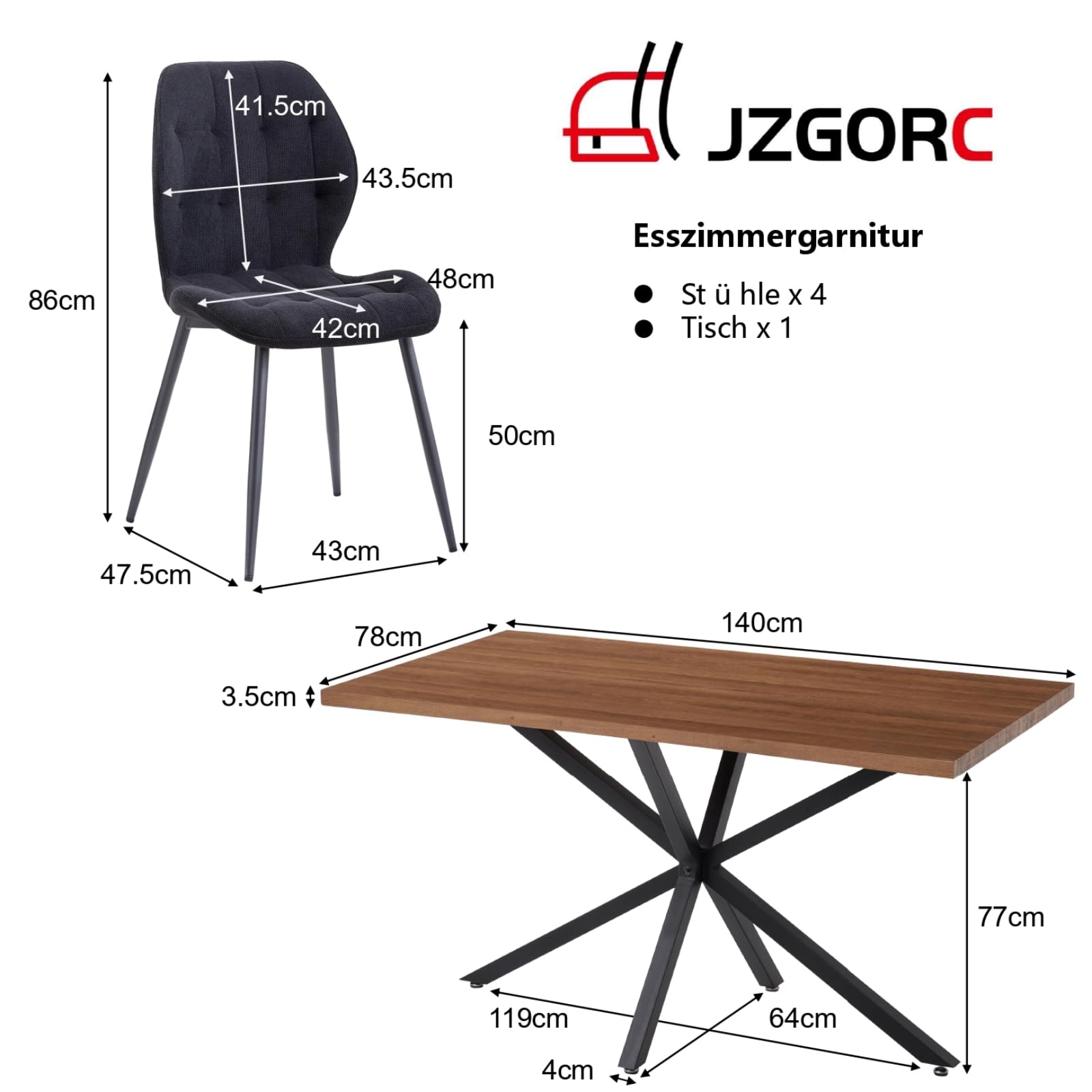 Set da Pranzo: Tavolo Rettangolare da 140 cm con 4 Sedie Imbottite, Ideale per Sale da Pranzo, Cucine e Soggiorni — Marrone Scuro + Nero