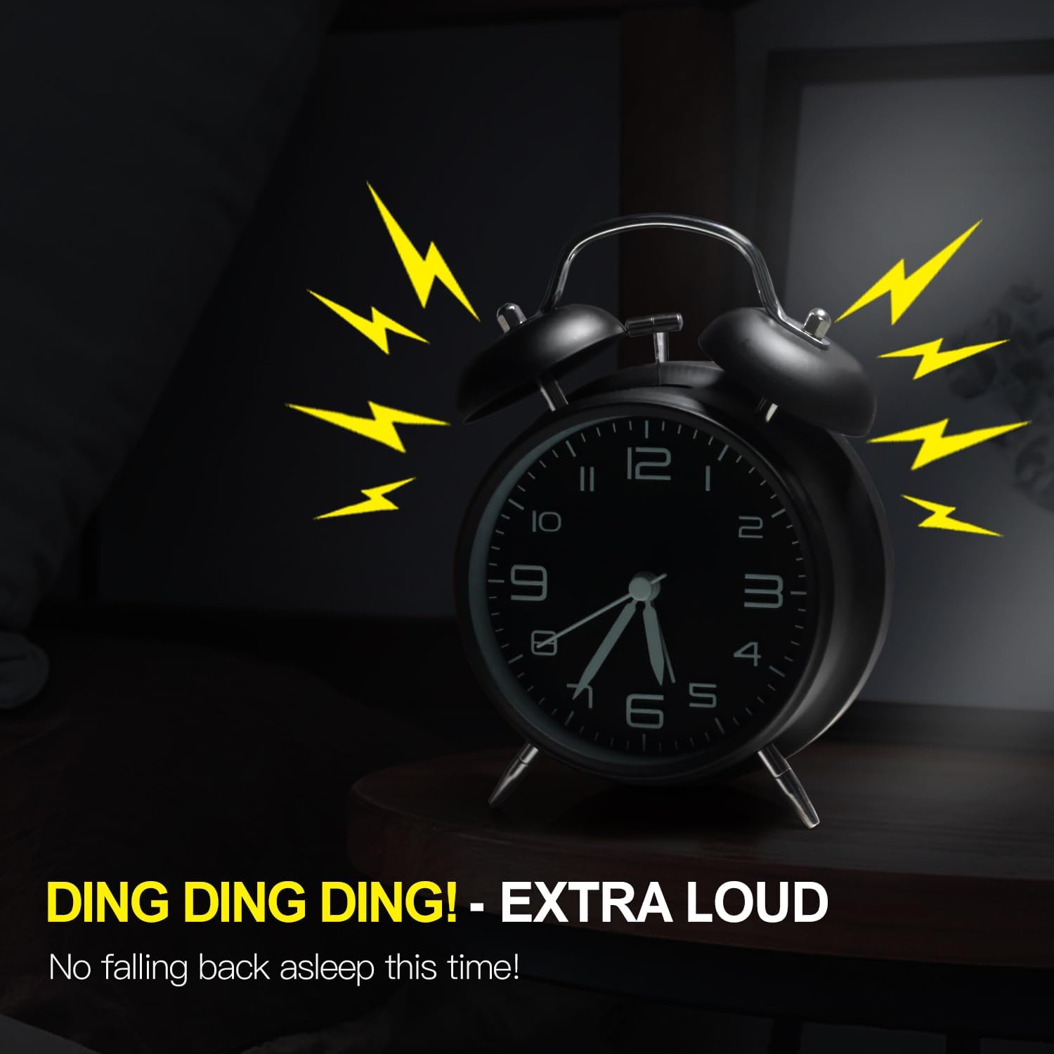ZINLEY Metal Frame 3D Dial with Backlight Function Desk Ticking Twin Bell Alarm Digital Clock - Midnight Black, 4 Inch 2