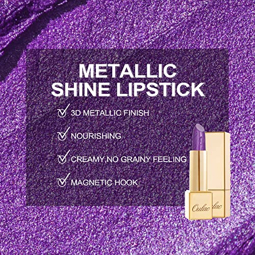 OULAC Lippenstift Metallic Glanz Finish, Violett Glitzer Lippenstift mit Lang Anhaltendem 3D-Glanz, Intensive Farbe… – Ansicht 5