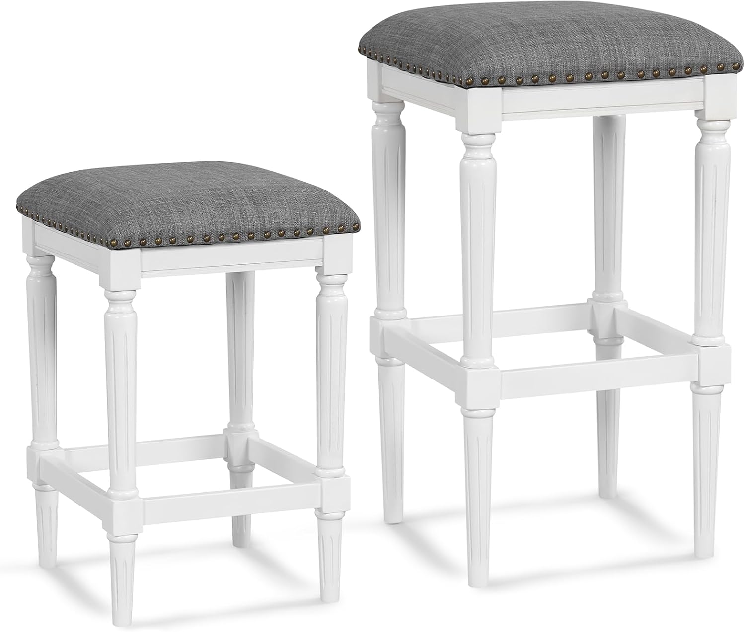COSTWAY Upholstered Bar Stools Set of 2, 31”/27”/19” 3-Height Adjustable Square Backless Counter Saddle Stools with Footrests, Padded Seats, Rubber Wood Frame, Dining Stools for Kitchen Island