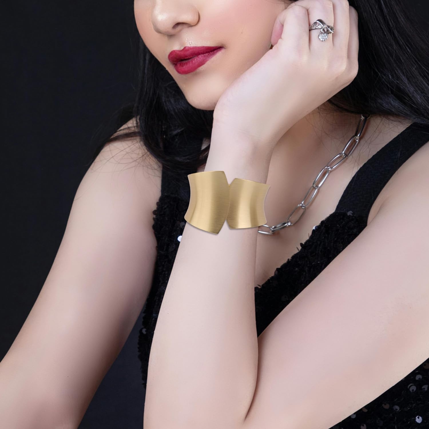 Statement Gold Matte Bracelet, Gold Vintage Chunky Open Cuff Geometric Bracelet Chunky Brushed Bangle Bracelets Fashion Jewelry for Women - Image 6