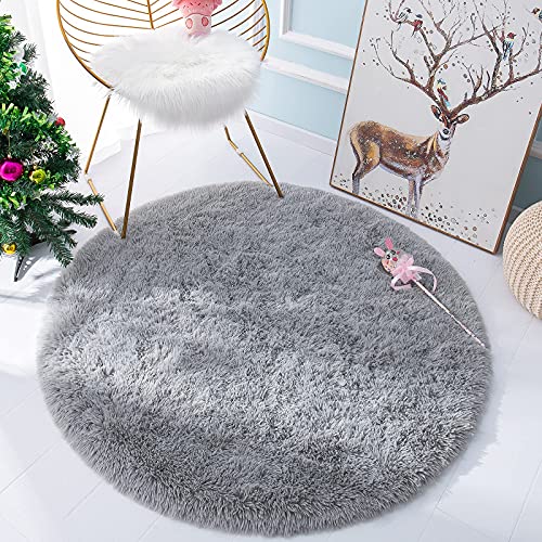 Yj.gwl Fluffy Round Rug Nursery Rug, Grey Circle Rug Kids Rug For Playroom, Fuzzy Rug Circular Carpet For Bedroom Living Room, Shaggy Rug For Cute Room Decor For Baby Teen Girls, 4 X 4 Feet #TOP5