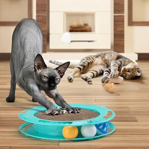 Hanjiangshui 3 In 1 Cat Toy，Cat Scratcher Toy,Cat Ball Toy, Turntable Roller Track With Ball,Cat Toy,Cat Iq Training(1 Pack With 1 Mouse, 1 Cat-Teasing Stick And 2 Spring Play Toy (Lake Blue) #TOP3