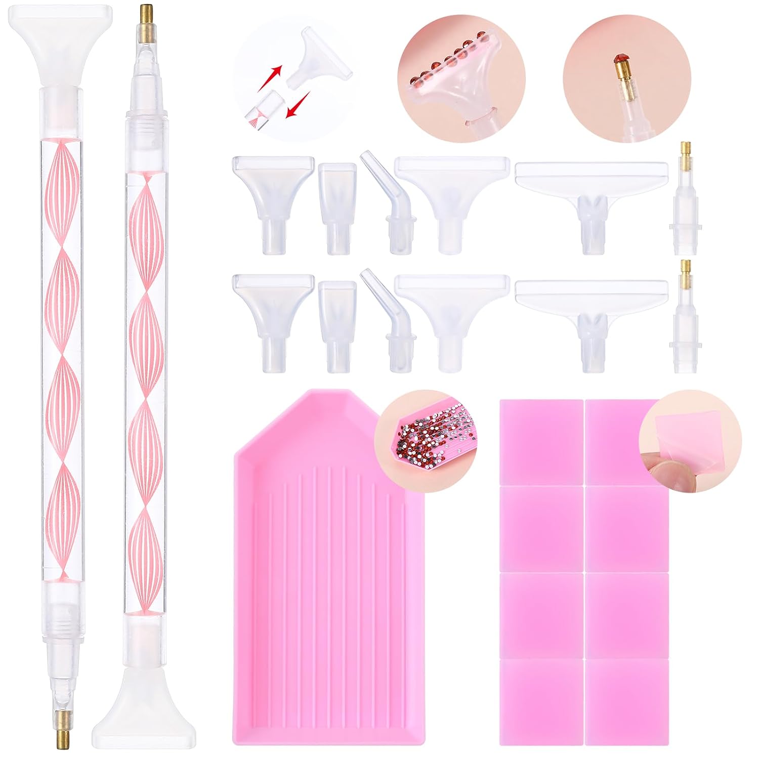 Rhinestone Picker Tool Kit 2 Pcs Rhinestone Picker Handles Dual-Ended Rhinestones Applicator Dotting Pen Shiny Diamond Dot Drill Pen with Clay Tips Tray DIY Nail Art Dotting Tools Accessories