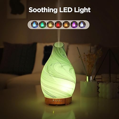 Miniatura 2 de Difusor de aceite esencial, difusor de aromaterapia ultrasónico de vidrio artístico para el hogar, 5.4 fl oz con niebla intermitente y LED, 7 luces
