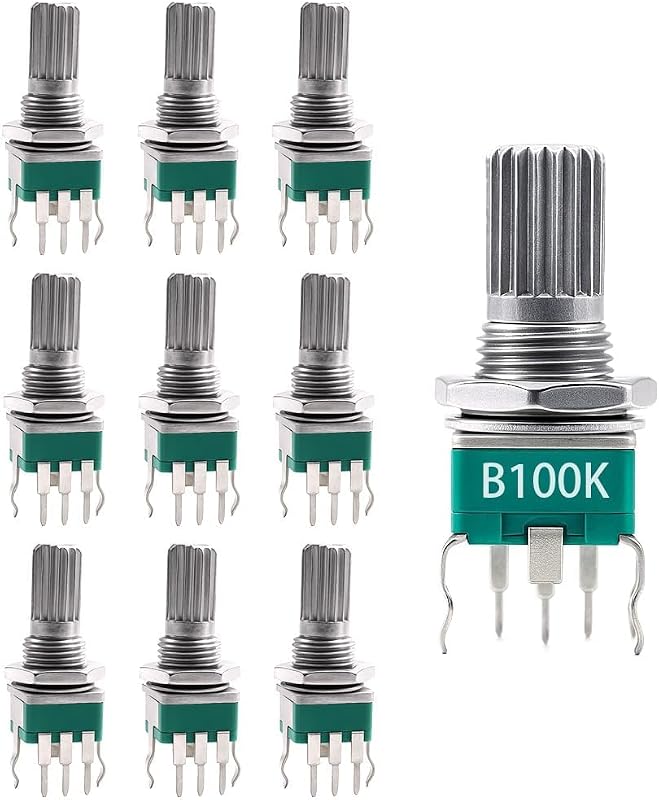 10PCS RK097 B100K Precision Metal Shaft Potentiometer, Vertical Single-Link Shank, L=15mm, 3-Pin, 100K Ohm