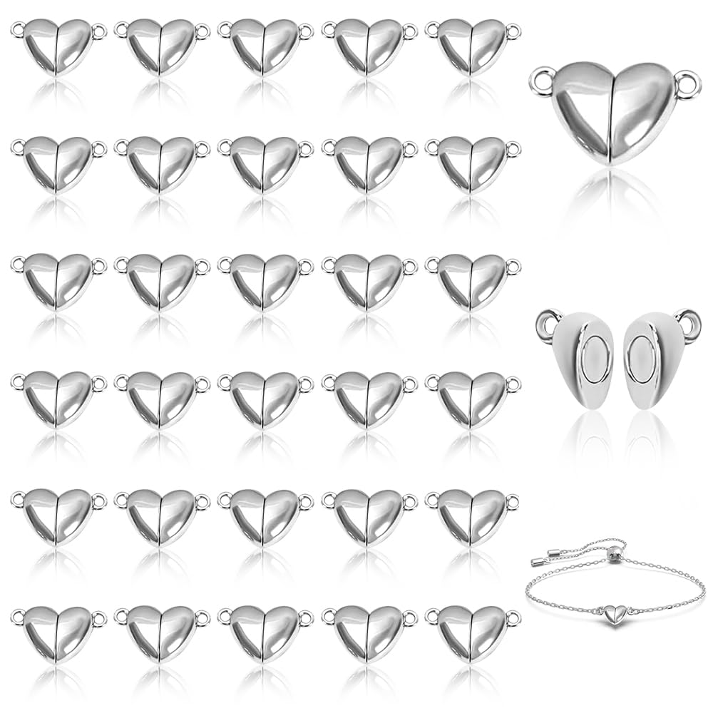 MOAMUN 30 PCS Heart Shaped Magnetic Necklace Clasps, Metal Bracelet Clasps and Closures for Jewelry Making Supplies, Bracelet Fasteners for DIY Bracelet Necklace Anklet Jewelry Making(Silver)
