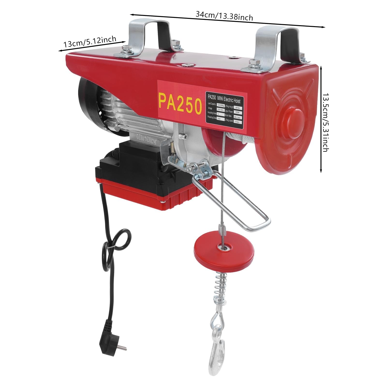 Verricello elettrico con braccio di supporto per sollevamento elettrico, 250 kg, verricello motorizzato con braccio orientabile e telecomando senza fili, paranco a fune per sollevamento in officina e