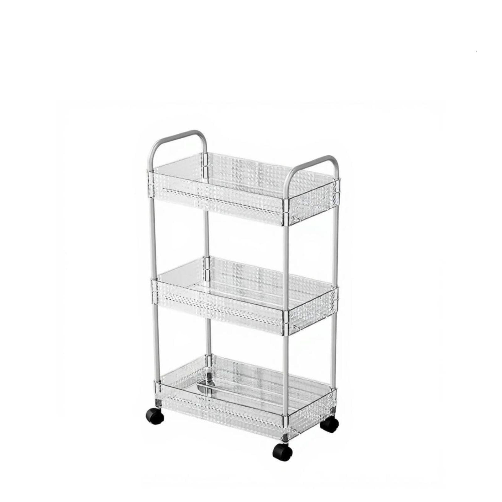 3-Tier Compact Portable Storage Cart, Transparent Organizer Shelf with Stainless Steel Handle, Multitier Kitchen Bathroom Narrow Rolling Rack 3 Tier Wide-image-11