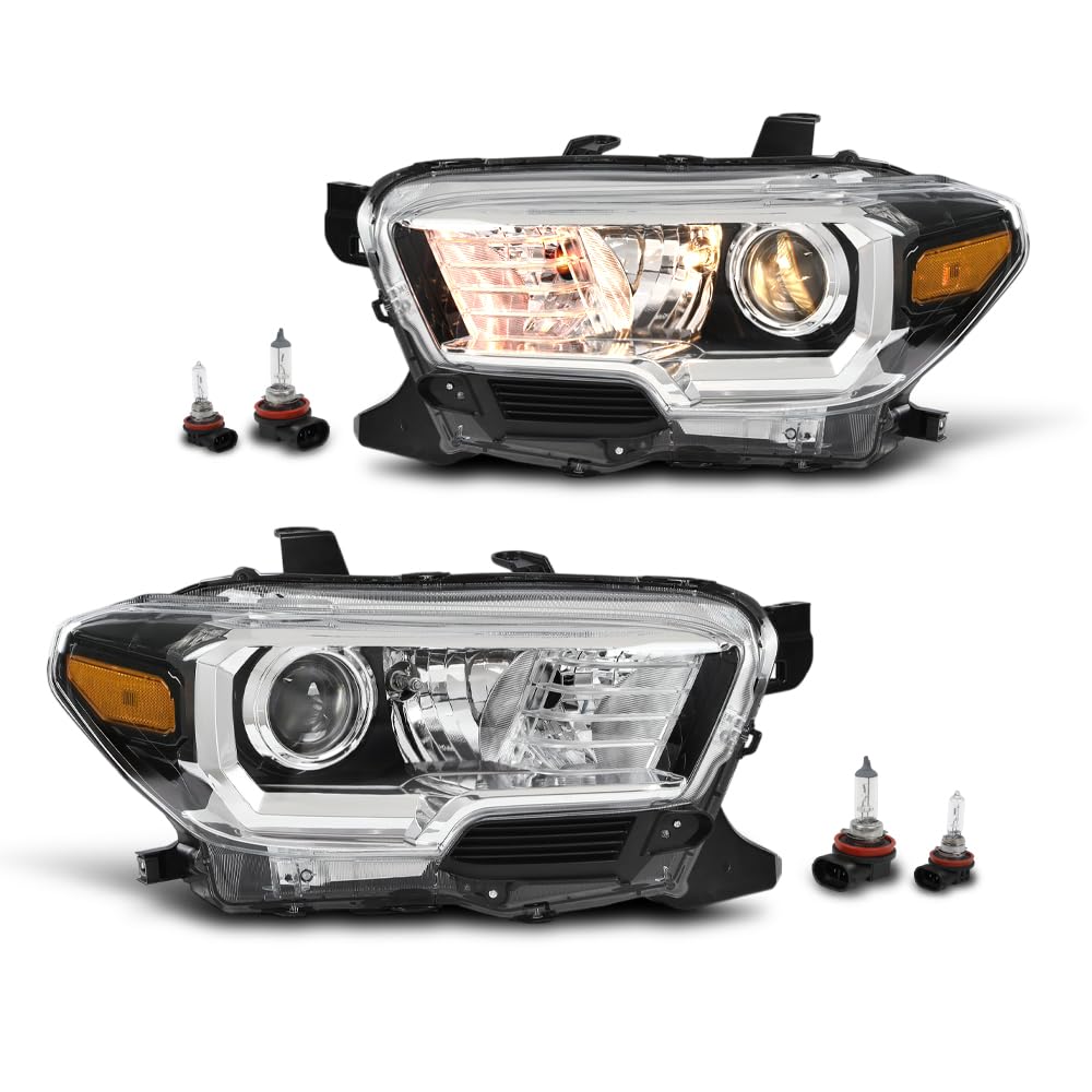 GRAND ORANGE Headlight Assembly W/O LED Daytime Running Light Front Headlamp Left &amp; Right Side Fit 2018 Toyota Tacoma 81150-04261, TO2502266 Clear Lens Black Housing Halogen