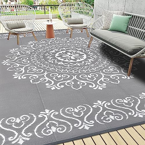 Pauwer Reversible Floral Outdoor Rug in Grey