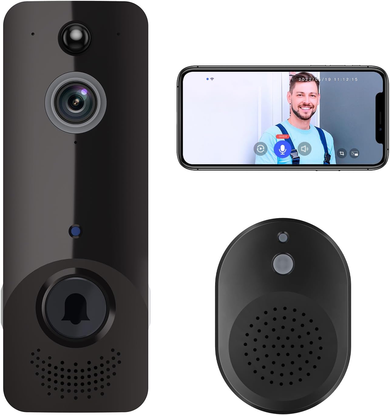 FISHBOT Smart Video Doorbell Camera Wireless for Home Security System, Ring Chime Included, 100% Non-Wired, Human Motion Detection, Two-Way Audio, HD Live Image, Night Vision, Indoor Surveillance
