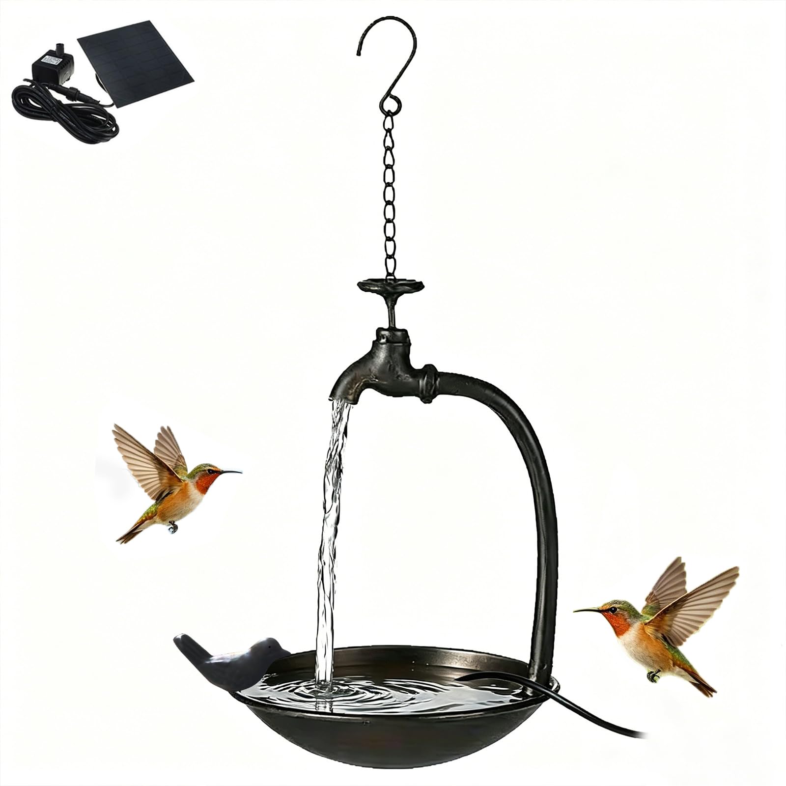 Garden Bird Bath, Solar-Powered Metal Basin | Bird Bath with Tap Fountain and Water Dispenser for Gardens, Balconies, Terraces, Courtyards, and Backyards