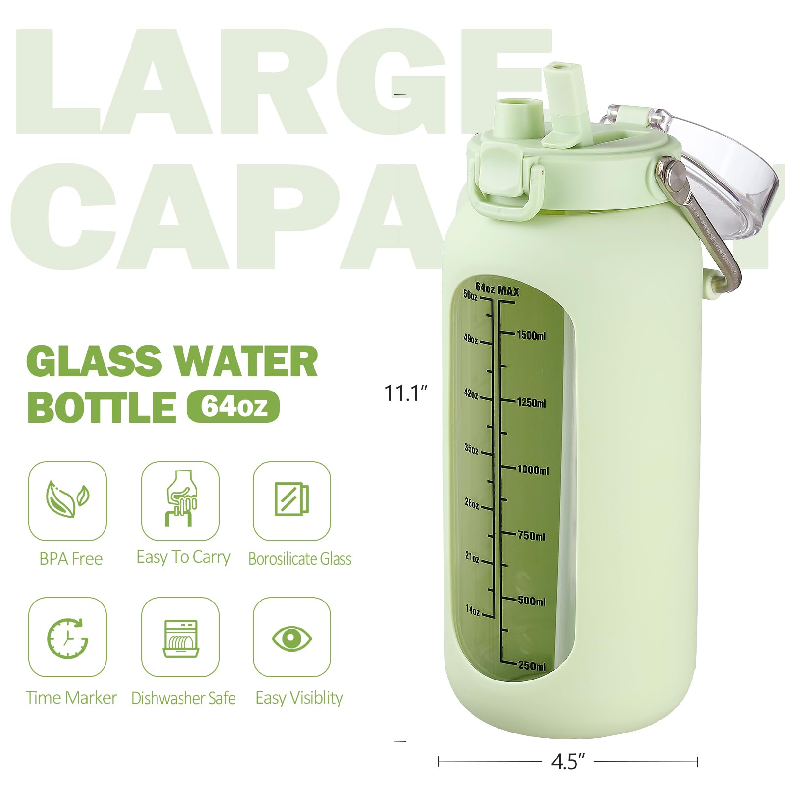 BLUEGO 2L Bottiglia d'acqua in vetro con manico in acciaio inox, manicotto in silicone e cannuccia per palestra, ufficio e sport all'aperto, senza BPA, Verde chiaro