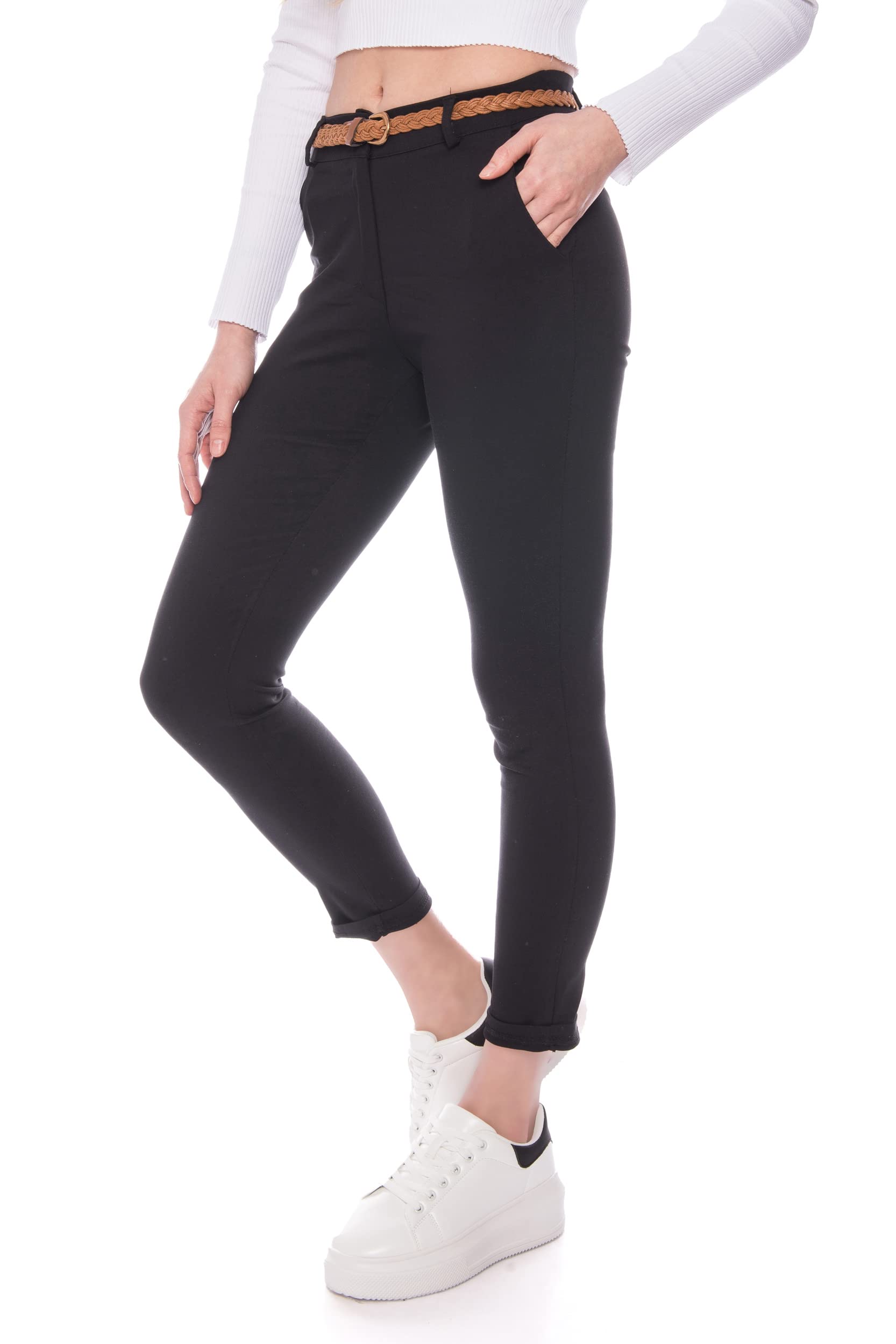 Kendindza Chino Damen Hose Stretch mit Gürtel Stoffhose Damen elegant lang (XXL, Schwarz)