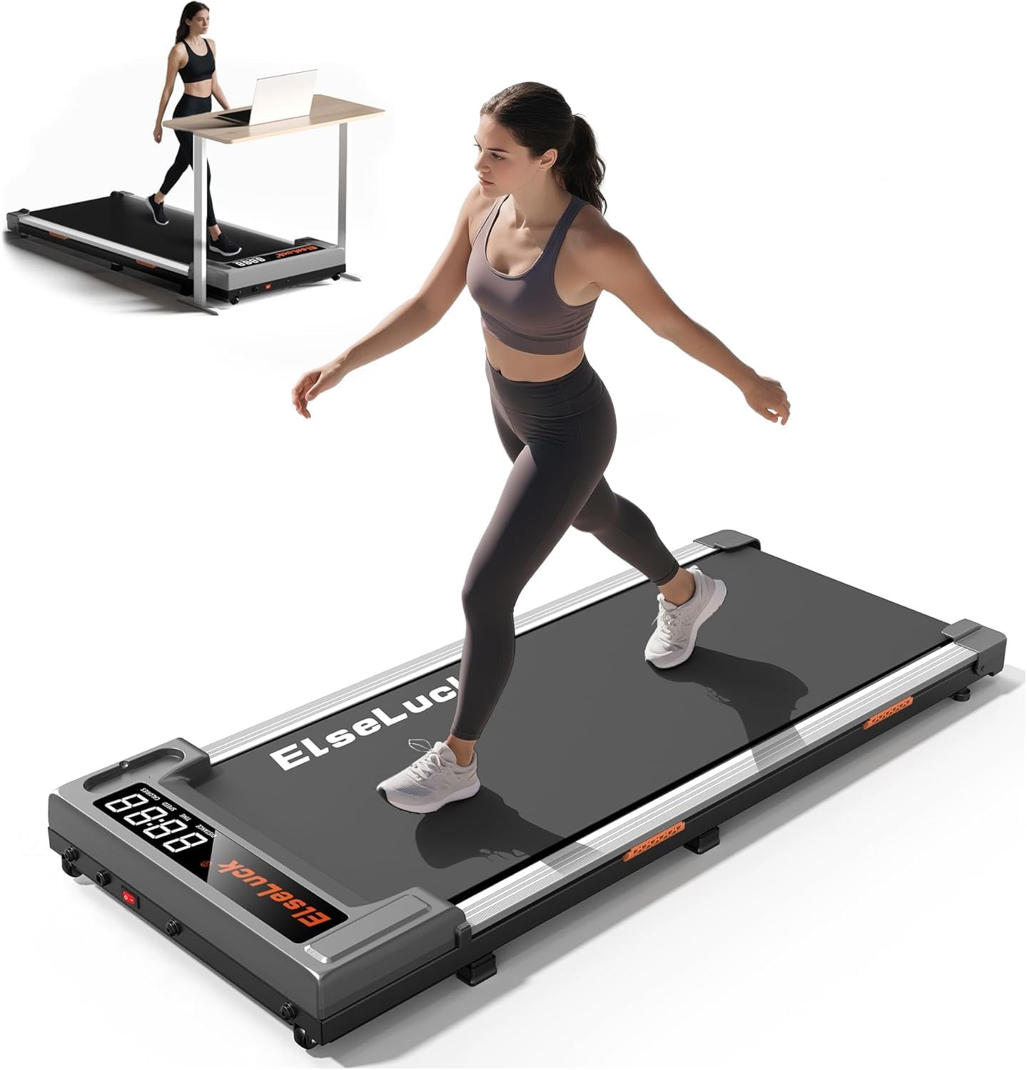 Elseluck Walking Pad Treadmill, Under Desk Treadmill with Remote Control, Walking Jogging Running Machine with LED Display, Portable for Home and Office, Gray/Sliver