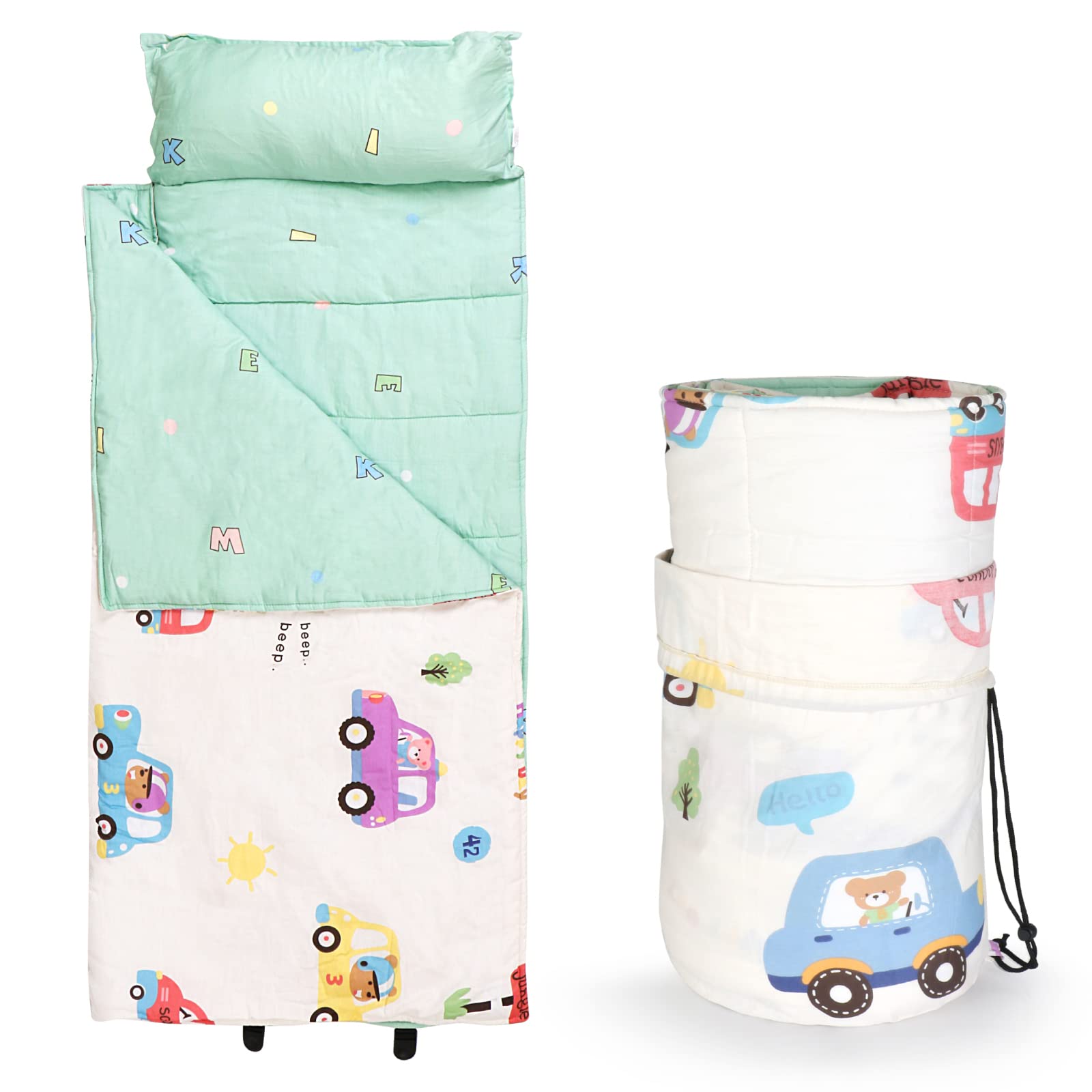 NEDVI Toddler Nap Mat with Carry Bag,Sleeping Bag with Removable Pillow,Measure 55x 21 x 1.5 Inches,Toddler Travel Bed,Lightweight - Cotton Soft,for Preschool, Camping