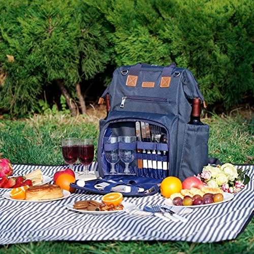Zaino da picnic grande capacità 4 piatti scomparto termico 22,9 cm manico legno posate coperta impermeabile blu navy