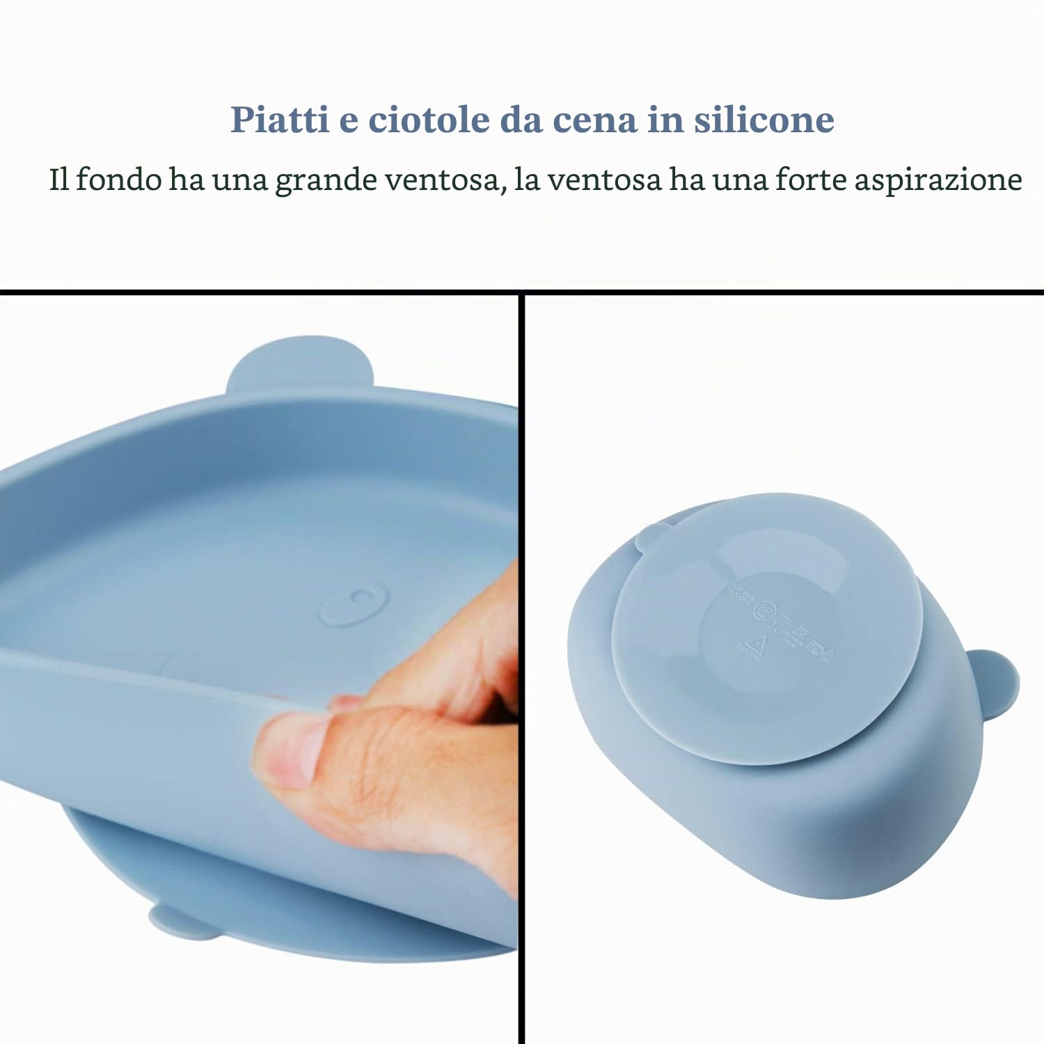 Piatto con Ventosa per Bambini in Silicone,4 Pezzi Piastra Ciotola per Neonati con Cucchiaio e Forchetta,Set Pappa Svezzamento Bambini,100% senza BPA,lavastoviglie e cassaforte a microonde,Blu