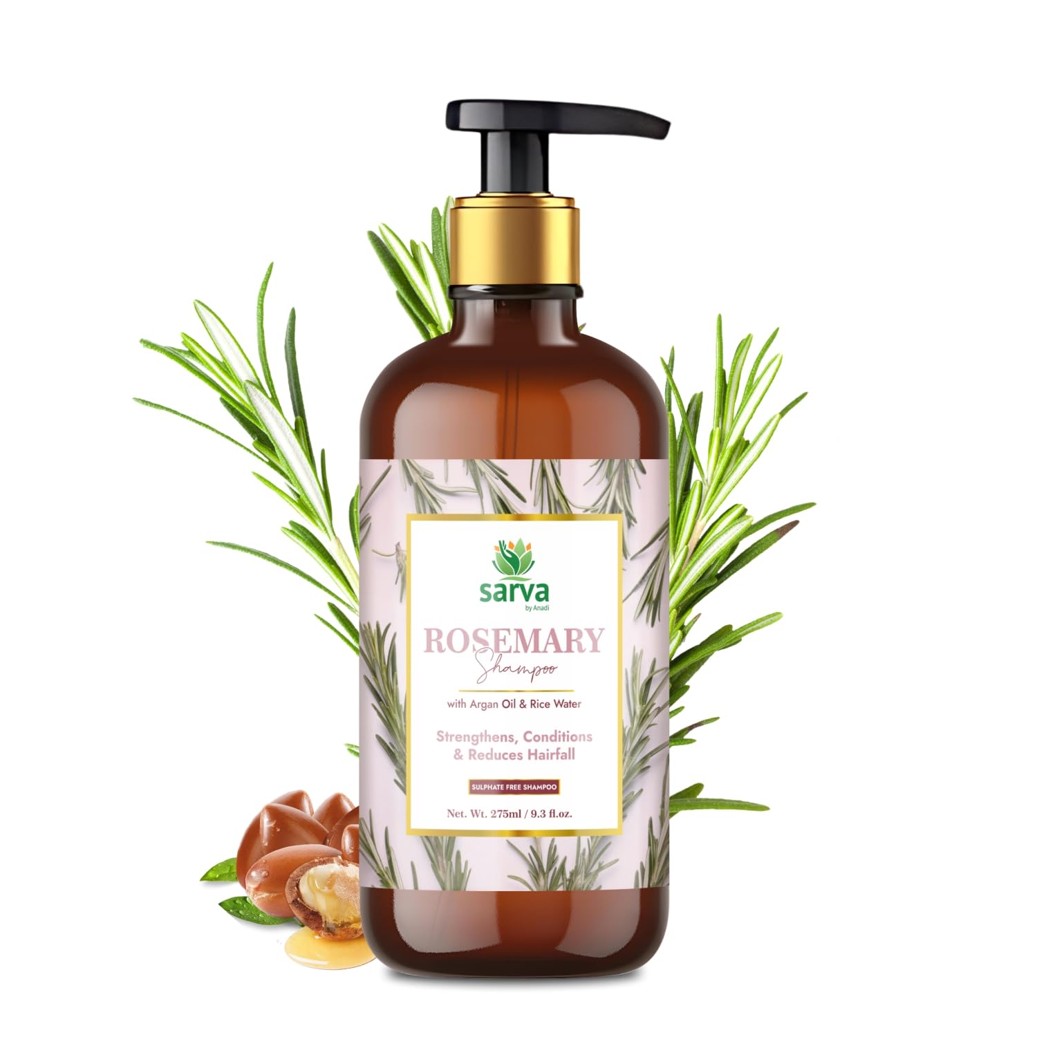 Sarva Rosemary Shampoo – Infused with Argan Oil, Biotin & Rice Water – 275ml | Anti-Hairfall Natural Cleanser for Stronger, Shinier Hair | Sulfate & Paraben Free | Daily Use for Men & Women