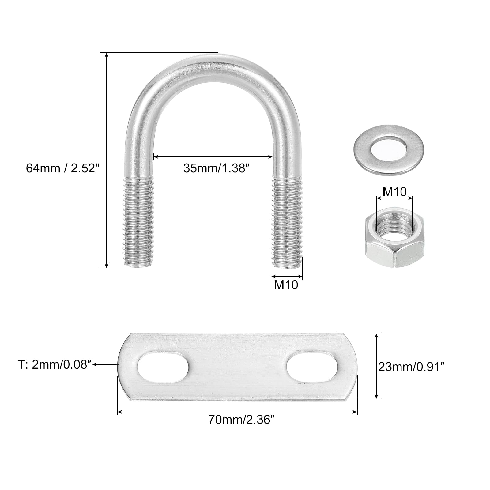 QUARKZMAN Boulons en U Ronds, 4 Ensembles de 33mm (1,3") de Largeur Intérieure 64mm de Longueur M10 Boulon de Serrage en U en Acier Inoxydable 304 avec Écrous et Plaques