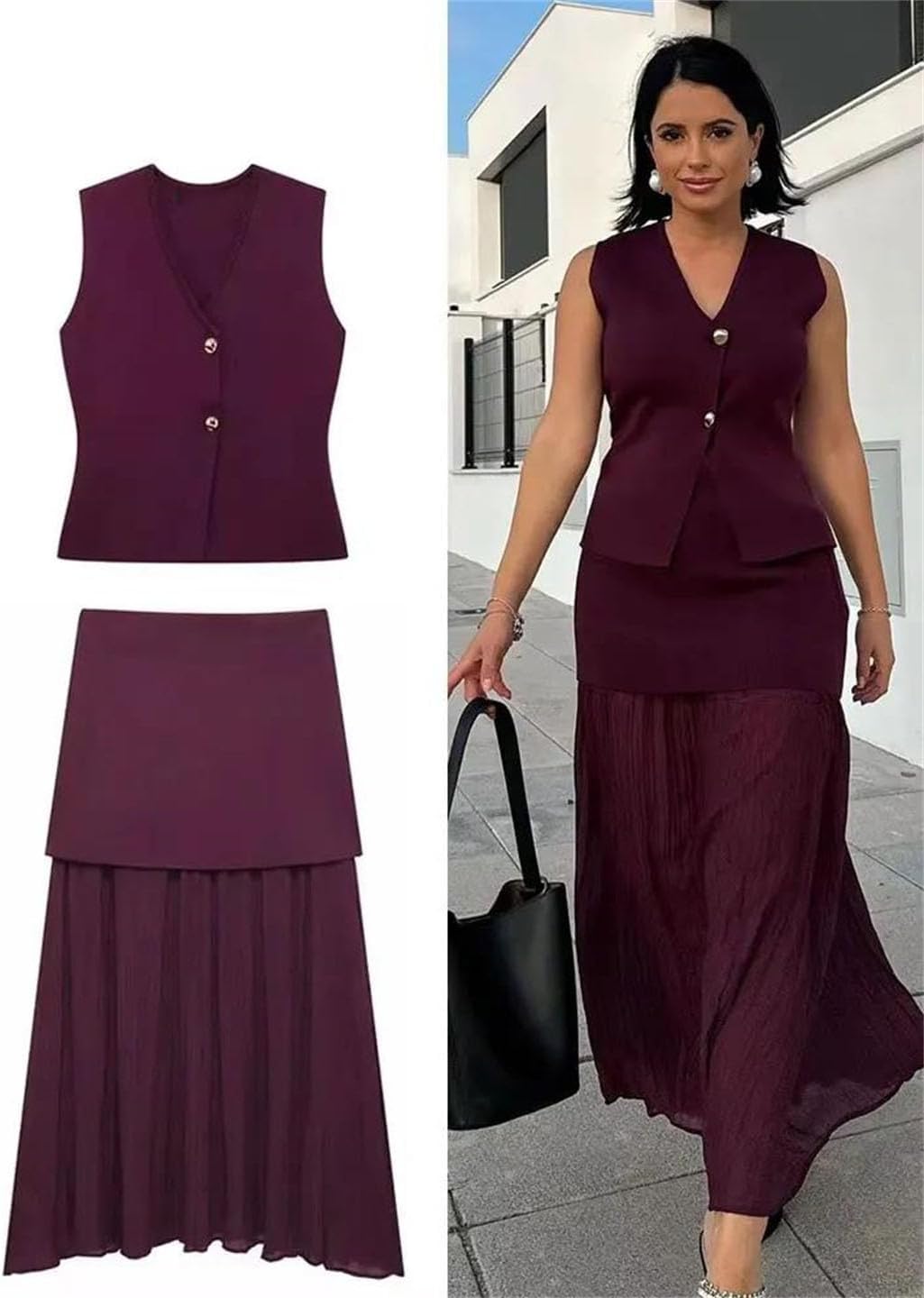 Women Skirt Suit V-Neck Sleeveless Button Knitted Vest Top Midi Skirt Two-Piece Set