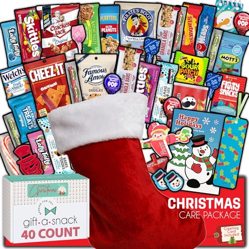 Image of Gift A Snack - Christmas Stocking Stuffed, Pre-filled Holiday Snack Box Care Package + Greeting Card (40 Count) Sweet Treats Gift Basket, Candies Chips Office Food Assortments