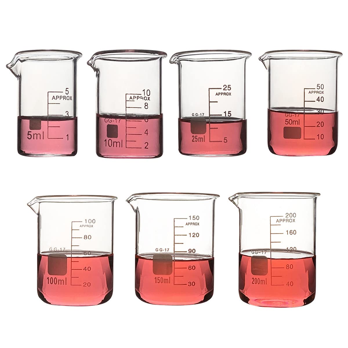 Juego de vasos de precipitados de vidrio, 5 ml, 10 ml, 25 ml, 50 ml, 100 ml, 150 ml, 200 ml, juego de vasos de laboratorio de borosilicato, vaso de medición de vidrio con graduación y pico vertedor,