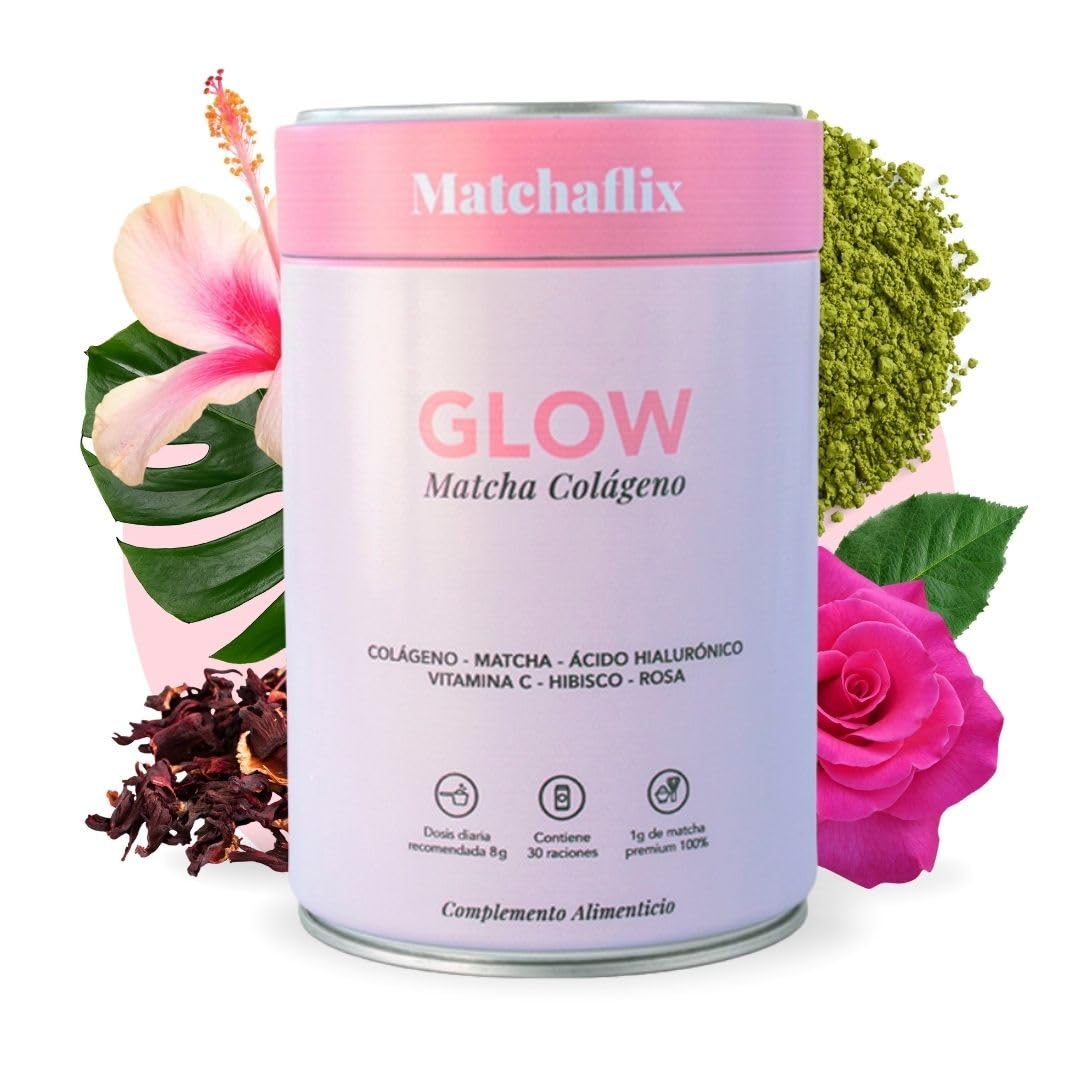Matchaflix | Glow Matcha Colágeno | Té Matcha + Colágeno Marino + Ácido Hialurónico | Belleza, Energía y Bienestar | 240g | Sabor Frutos Rojos