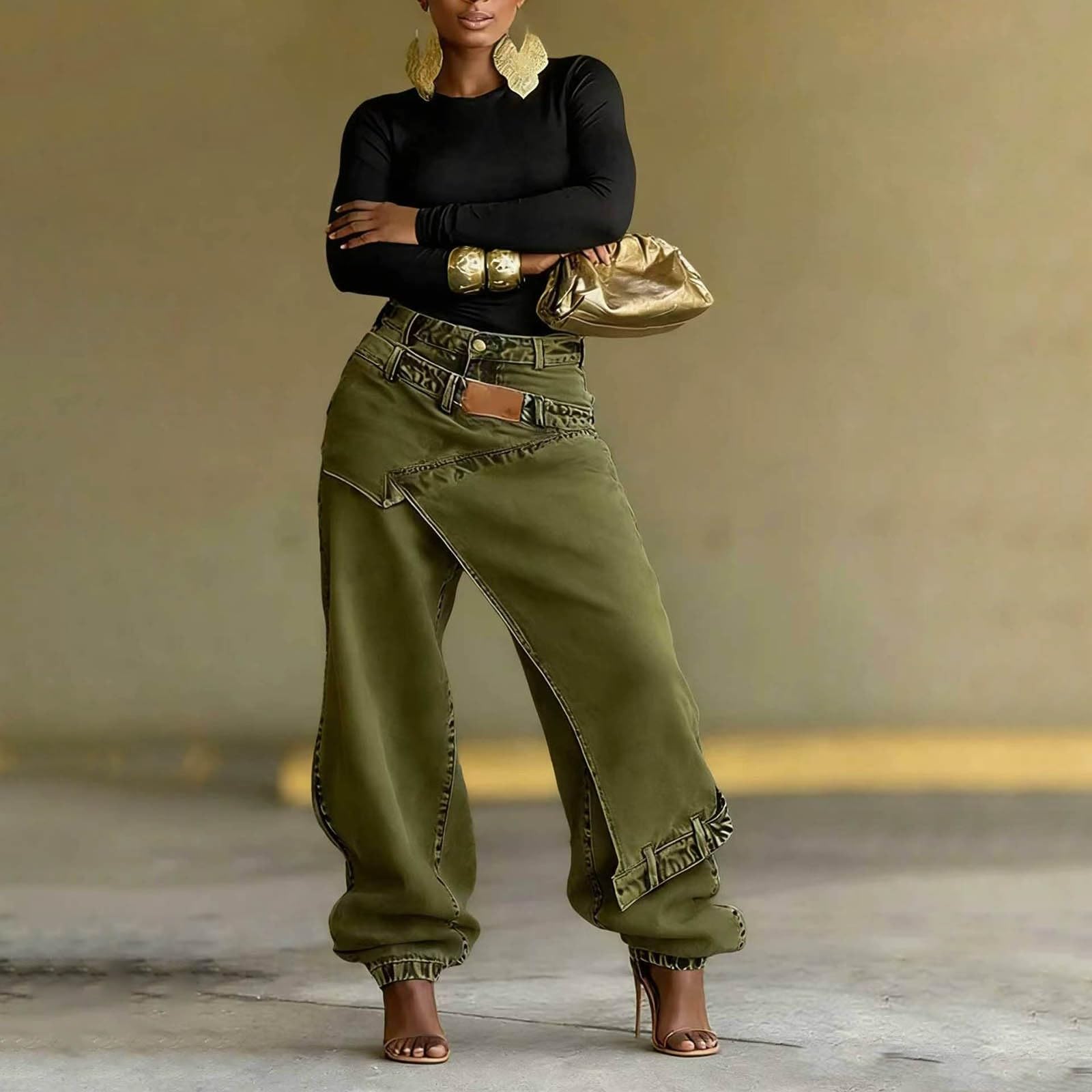Jean taille haute stretch pour femme - Pantalon en jean taille haute Baggy