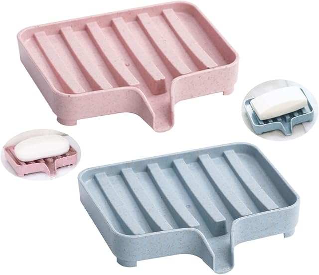 WUBAYI 2Pcs Soap Dish, Self Draining Soap Holder, Portable Shower Soap Box, Non-slip, Easy Clean, Dry, Suitable for Bathroom, Kitchen, Counter Top and Travel (Pink + Blue)