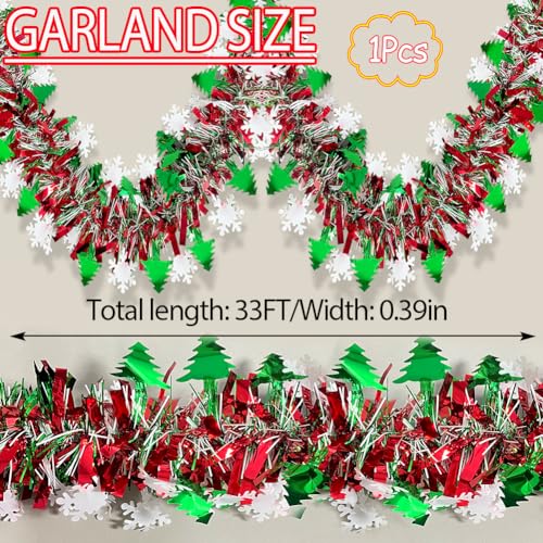 Image of 33 Ft Christmas Tinsel Garland Shiny Thick Red & Green with Tree and Snowflake Design Xmas Tree Decorations Metallic Twist Foil Garland for Christmas Party Home Stairs Indoor Outdoor Decor Supplies