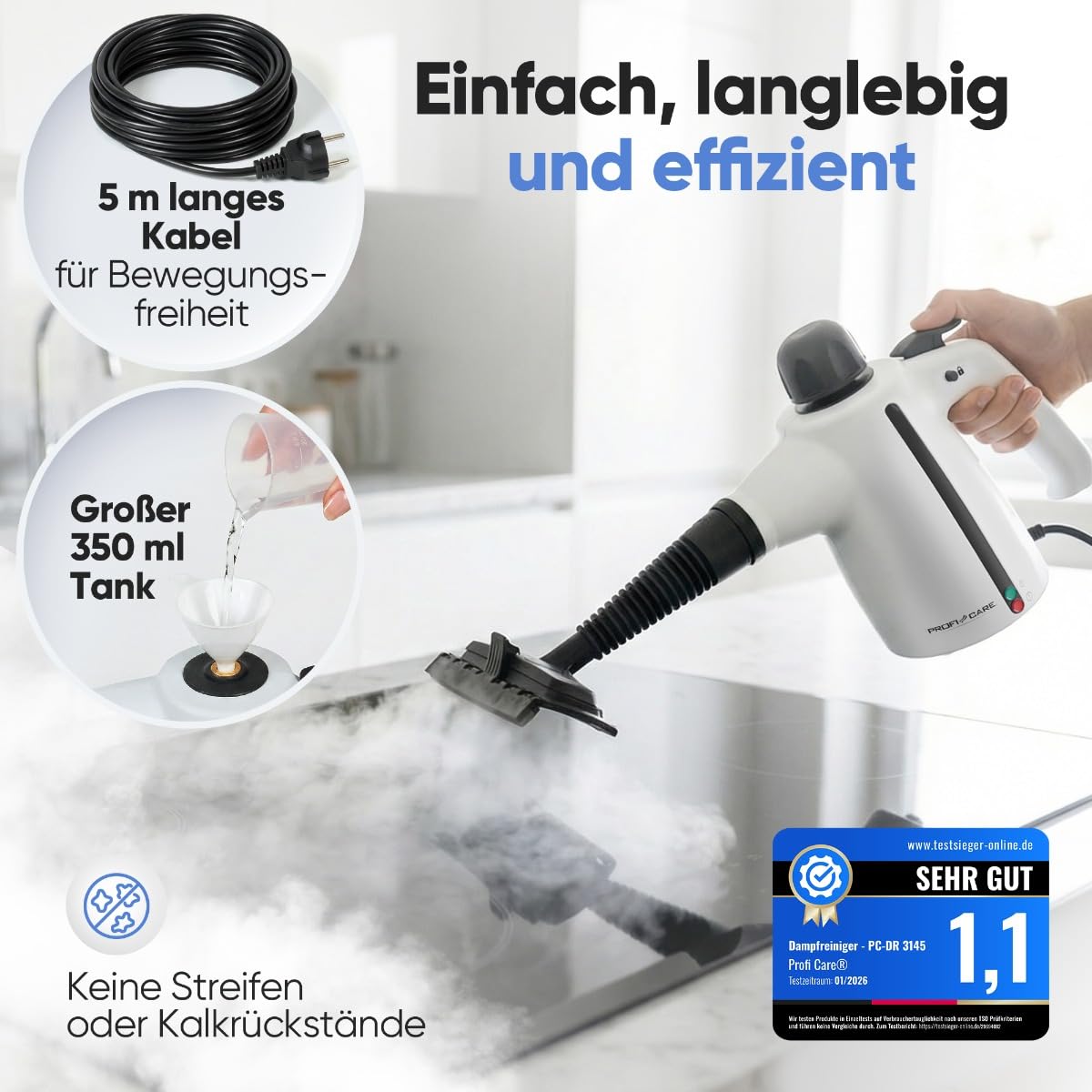 ProfiCare® Dampfreiniger Handgerät | 3,7 bar | säubert entfettet desinfiziert | 105°C | Auto, Küche, Bad, Polster | 1050W | mit 5m Kabel & Zubehör | Steam Cleaner | Handdampfreiniger | PC DR 3145