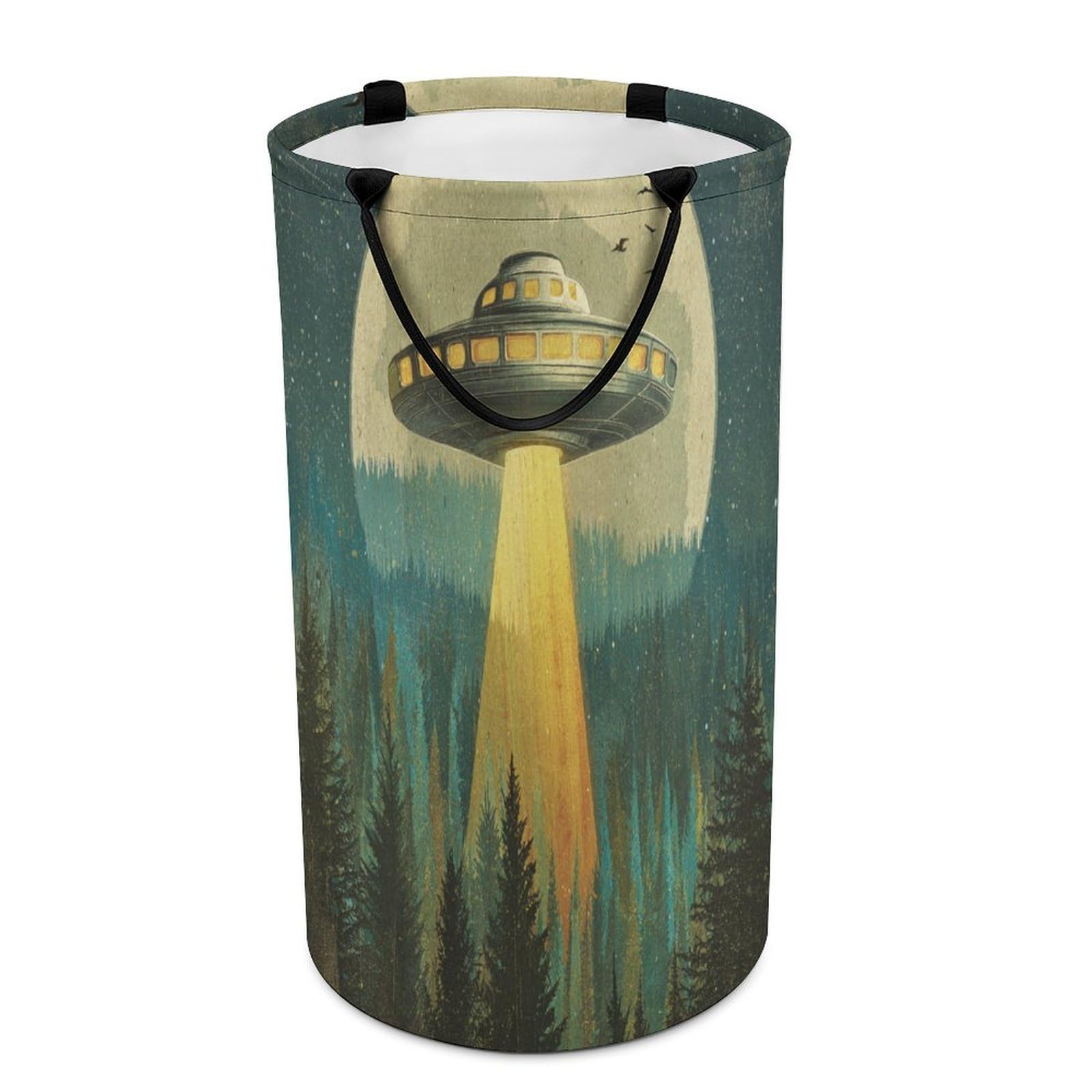 LUYYSKY Retro Beautiful Alien Spaceship Versatile Storage Laundry Basket, Funny Oil Painting Full Moon Pine Forest UFO Pattern Large Capacity Bathroom Hamper With Handle