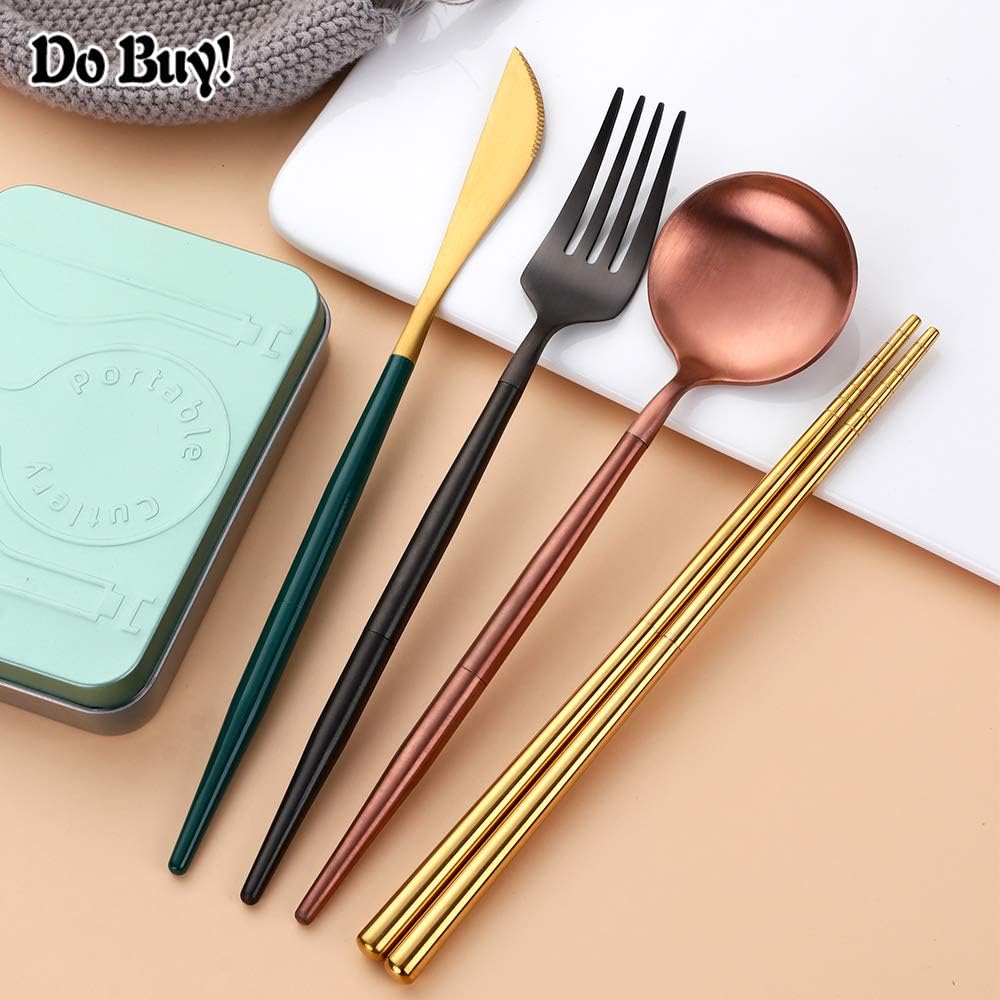 Portable & Reusable Stainless Steel Travel Cutlery Set，Folding Utensil Set with Case ，for Camping, Picnic, Office and On-The-Go (Pocket Sized Flatware Set) (Black) (Rose Gold)