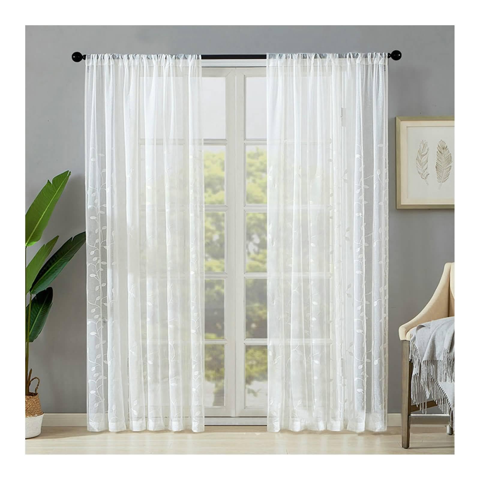 Rideaux chambre adulte voilage transparent blanc motif feuilles 132x274
