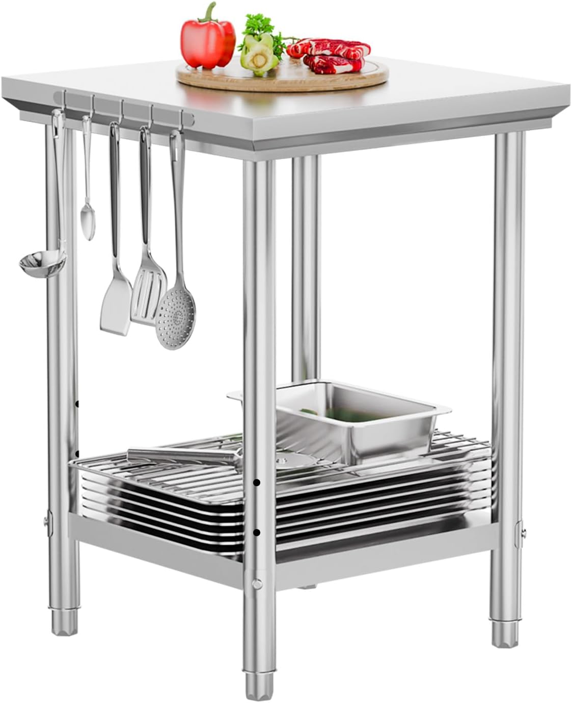 ROVSUN 24 x 24 Inch Stainless Steel Table, NSF Commercial Pre & Work Table with Adjustable UnderShelf & Detachable Hooks, Heavy Duty Metal Table for Home Kitchen Restaurant Garage Warehouse Outdoor
