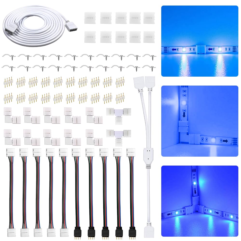 Kit Connettori RGB A 4 Pin Per Strisce LED – 10 Connettori Senza Saldature, 20 Clip, Cavo Prolunga 5m (32,8ft), Per LED 5050 3528 10mm - 2