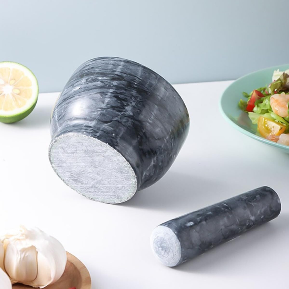 VILLCASE Juego de Mortero y Pilón de Mármol Negro para Triturar y Liberar Sabores Naturales, Herramienta Manual Adecuado para Cocina y Hogar