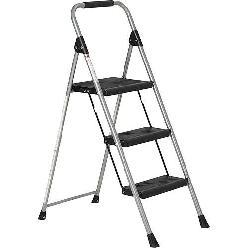 Amazon Basics Folding 3 Step Portable Ladder, with Wide Anti-Slip Pedal, Black