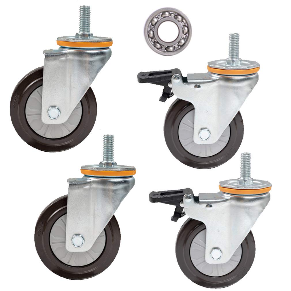 Yuzguhey 2Brake+2Universal 4Pcs Swivel Rubber Caster Wheels Heavy Duty Dual Locking Casters With Threaded Stem 4 Inch For Carts Workbench Trolley(,M16)