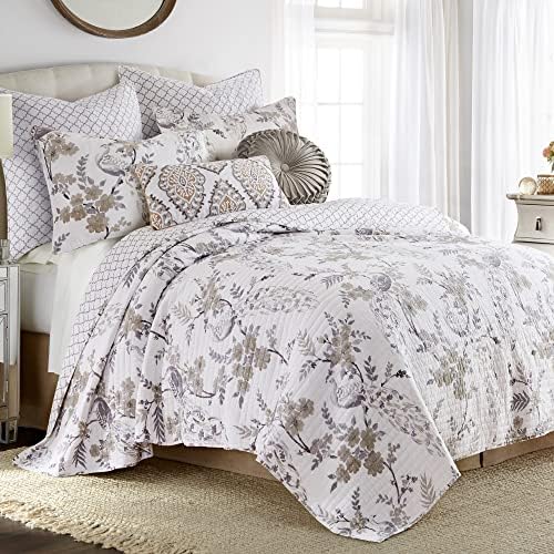 Levtex Home - Pisa Quilt Set - King Quilt + Two King Pillow Shams - Floral Contemporary Peacock - Grey and Taupe - Quilt Size (106x92in.) and Pillow Sham Size (36x20in.) - Reversible - Cotton