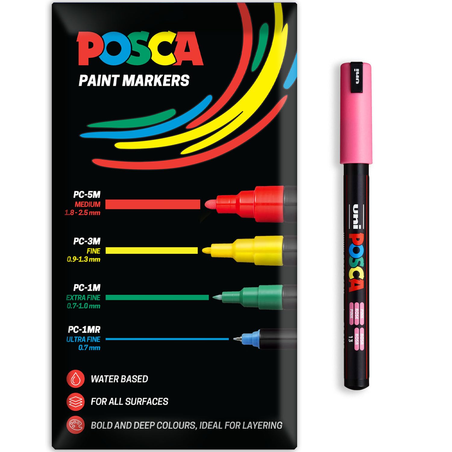 Posca Water Based Acrylic Paint Marker Pens | Multi Surface Use Permanent Paint Pen | Pack of 1 in Envelope Gift Packaging | Glass, Fabric, Canvas, Wood etc | PC-1MR, Pink