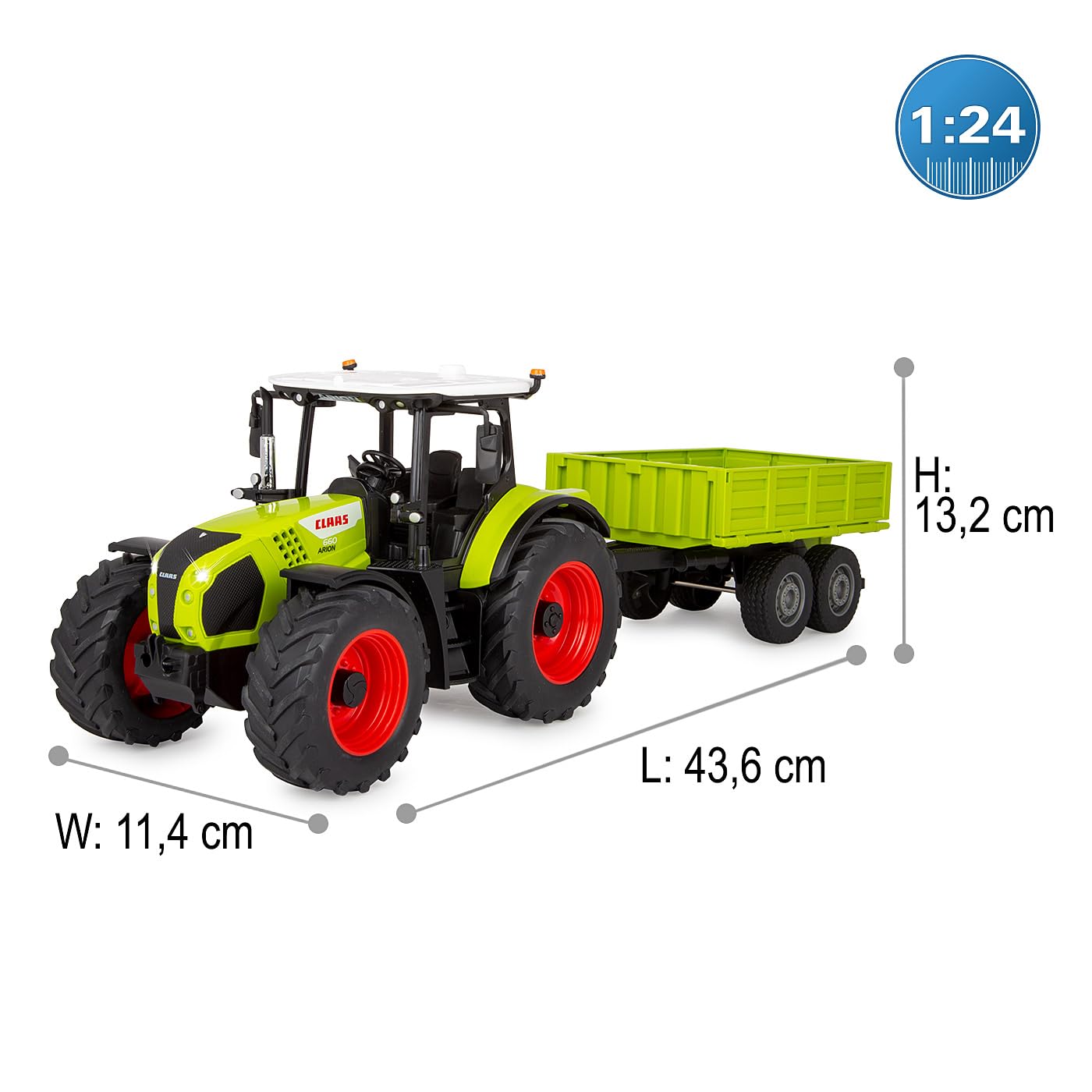 JAMARA Claas Arion 660 405360 avec remorque à Bascule 1:24 2,4 GHz – Jouet Tracteur télécommandé, véhicule pour Enfants, modèle agricole, Cadeau pour Enfants, lumière, attelage de remorque