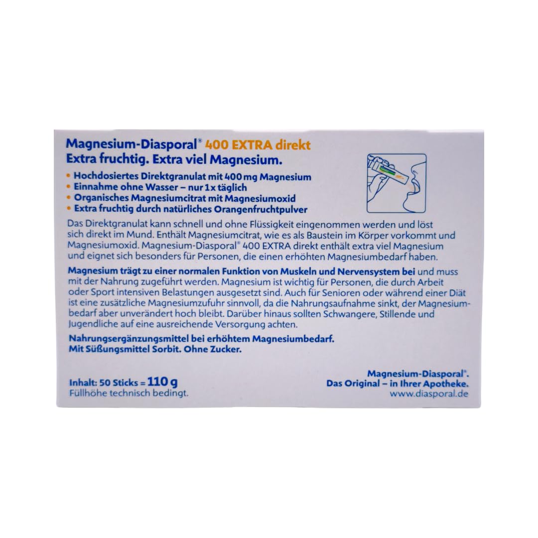 Magnesium Diasporal 400 EXTRA direkt 50 Sticks I Magnesium hochdosiert 400 mg I Direktgranulat ohne Wasser I Magnesium Sticks fruchtig Orange I vegan, zuckerfrei I mit Pharma Perle Duschgel (2x)