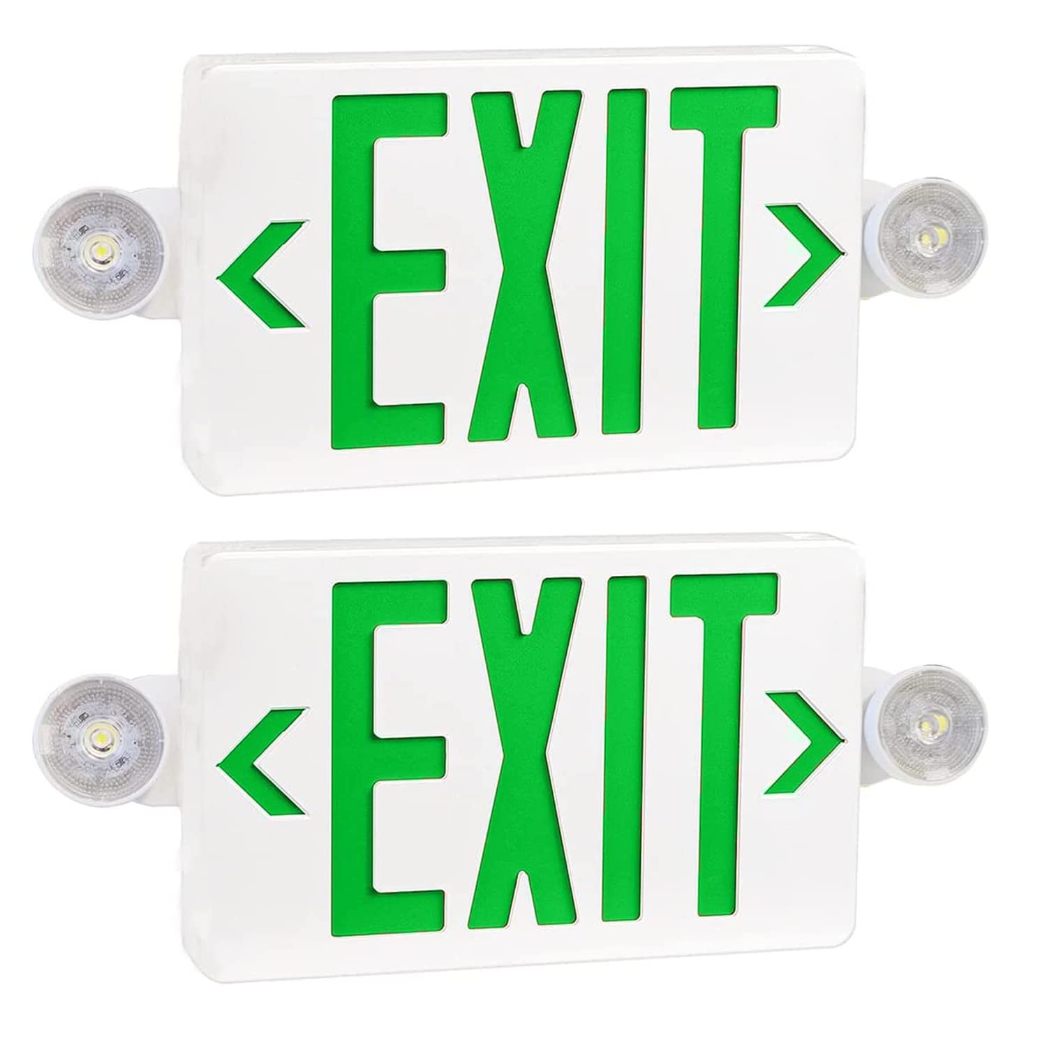 OSTEK2 Pack Green LED Exit Sign with Emergency Lights, Two LED Adjustable Head Emergency Exit Lights with Battery Backup, Dual LED Lamp ABS Fire Resistance UL-Listed 120-277V (2)