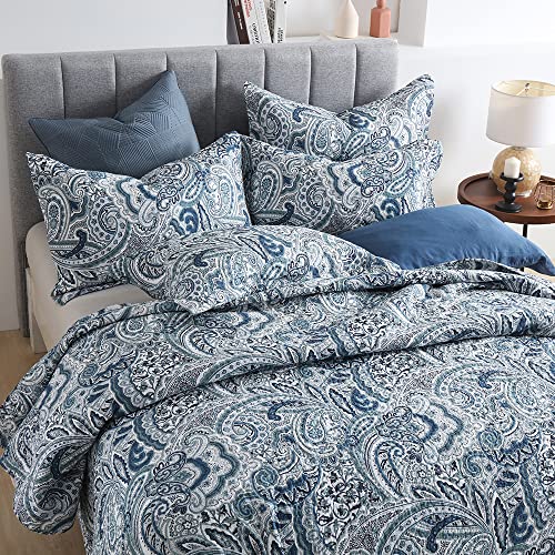 Autumn Dream Cotton Bedspread Quilt Sets, 3 Pieces Reversible Comforter Coverlet Sets,Blue Floral Paisley Bedspread,King Size #TOP4