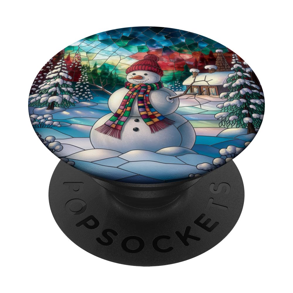 snowman with lot of snow background and Christmas trees PopSockets Adhesive PopGrip