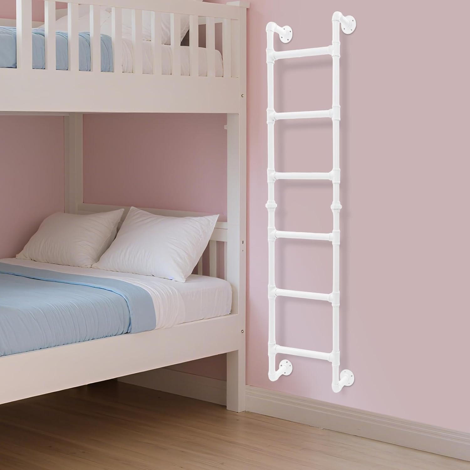6-Step Wall Mounted Ladder, White Bunk Bed Ladder, 330 lbs Capacity, Loft Attic Step Ladders for Libraries, Homes, Apartments